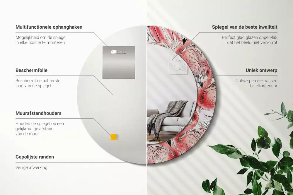 Lustro ścienne dekoracyjne w kształcie okręgu z motywem flamingów