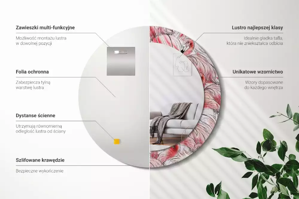 Lustro ścienne dekoracyjne w kształcie okręgu z motywem flamingów