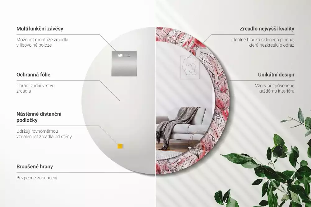 Lustro ścienne dekoracyjne w kształcie okręgu z motywem flamingów