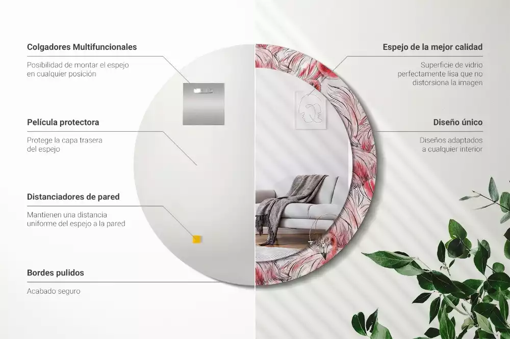 Lustro ścienne dekoracyjne w kształcie okręgu z motywem flamingów