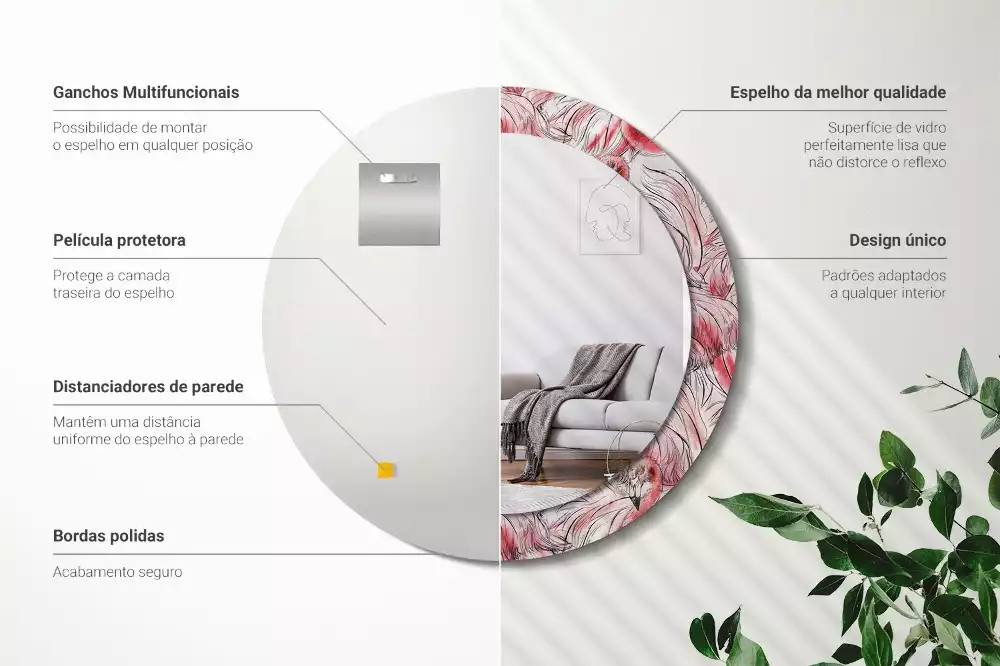 Lustro ścienne dekoracyjne w kształcie okręgu z motywem flamingów