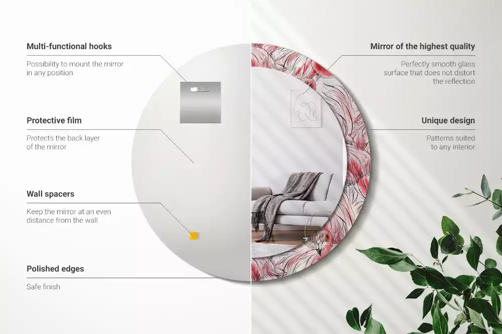 Lustro ścienne dekoracyjne w kształcie okręgu z motywem flamingów