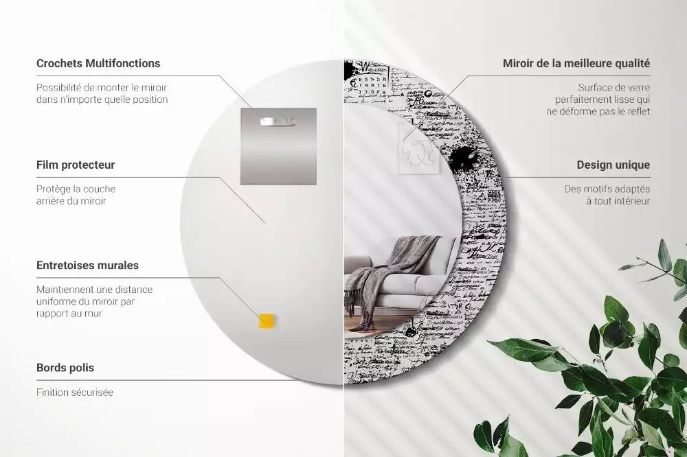 Lustro z okrągłą ramą z nadrukiem w motywie bazgrołów