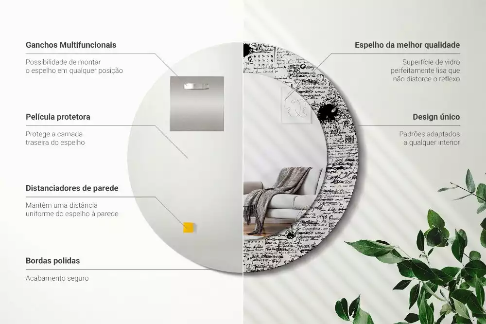 Lustro z okrągłą ramą z nadrukiem w motywie bazgrołów