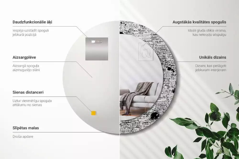 Lustro z okrągłą ramą z nadrukiem w motywie bazgrołów