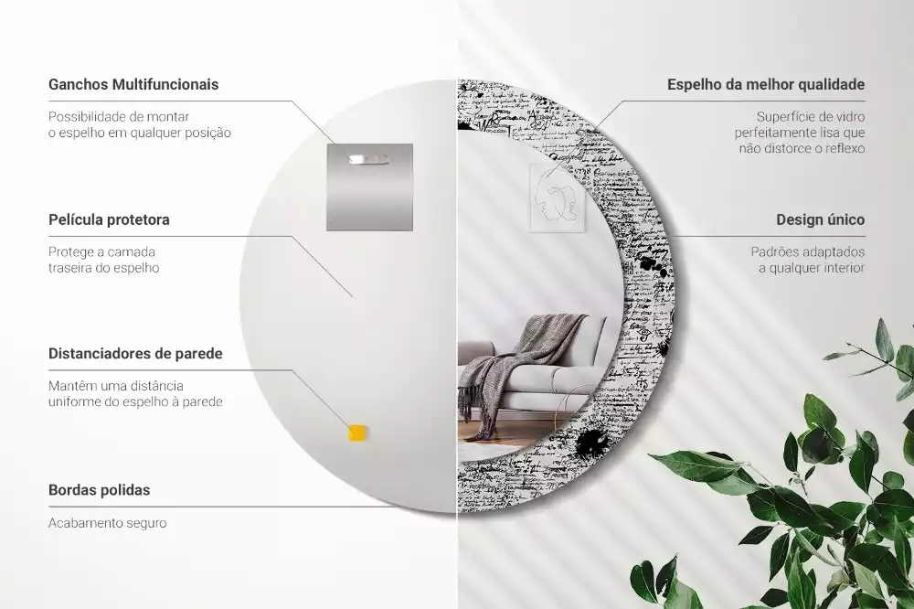 Lustro z okrągłą ramą z nadrukiem w motywie bazgrołów