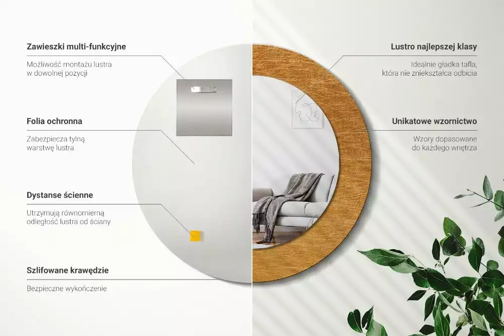 Lustro w stylu vintage loft z drukowaną okrągłą ramką