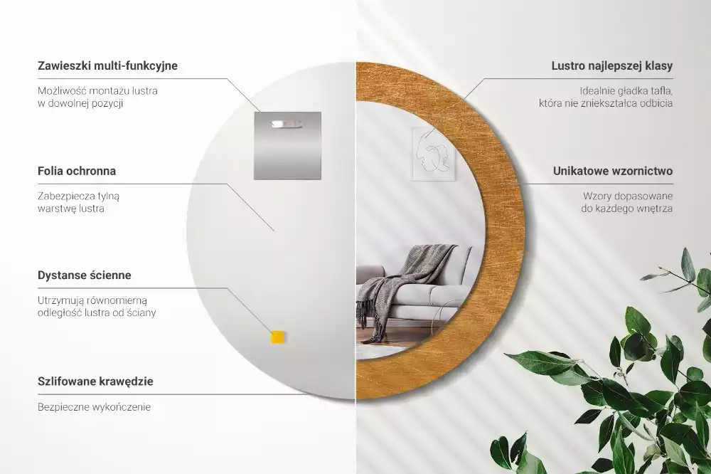 Lustro w stylu vintage loft z drukowaną okrągłą ramką