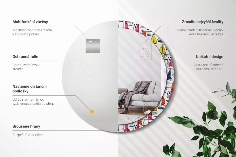 Lustro z ozdobną ramką z nadrukiem przedstawiającym kolorowe łódki