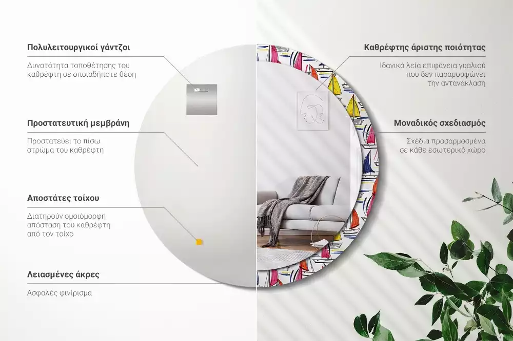 Lustro z ozdobną ramką z nadrukiem przedstawiającym kolorowe łódki