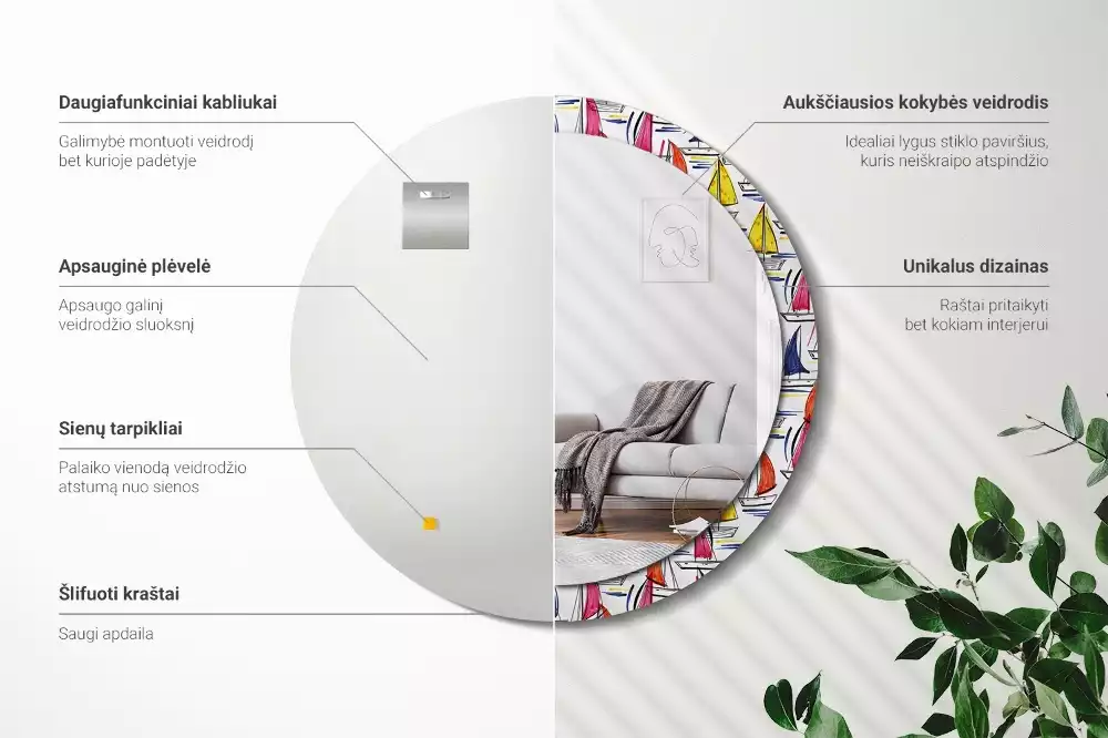 Lustro z ozdobną ramką z nadrukiem przedstawiającym kolorowe łódki