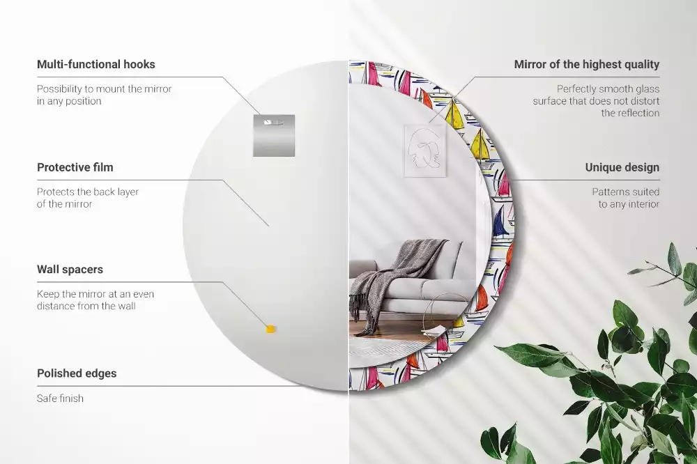 Lustro z ozdobną ramką z nadrukiem przedstawiającym kolorowe łódki