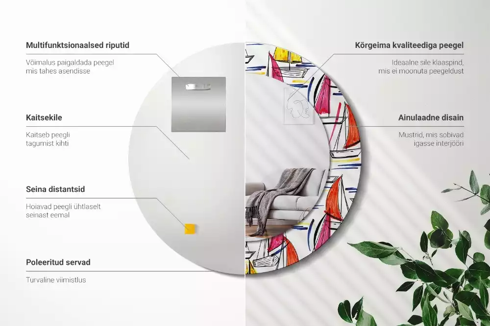 Lustro z ozdobną ramką z nadrukiem przedstawiającym kolorowe łódki