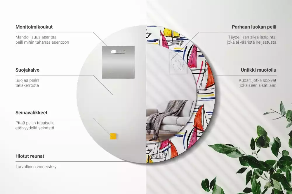 Lustro z ozdobną ramką z nadrukiem przedstawiającym kolorowe łódki