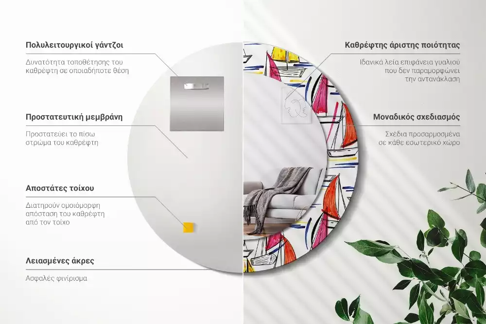 Lustro z ozdobną ramką z nadrukiem przedstawiającym kolorowe łódki