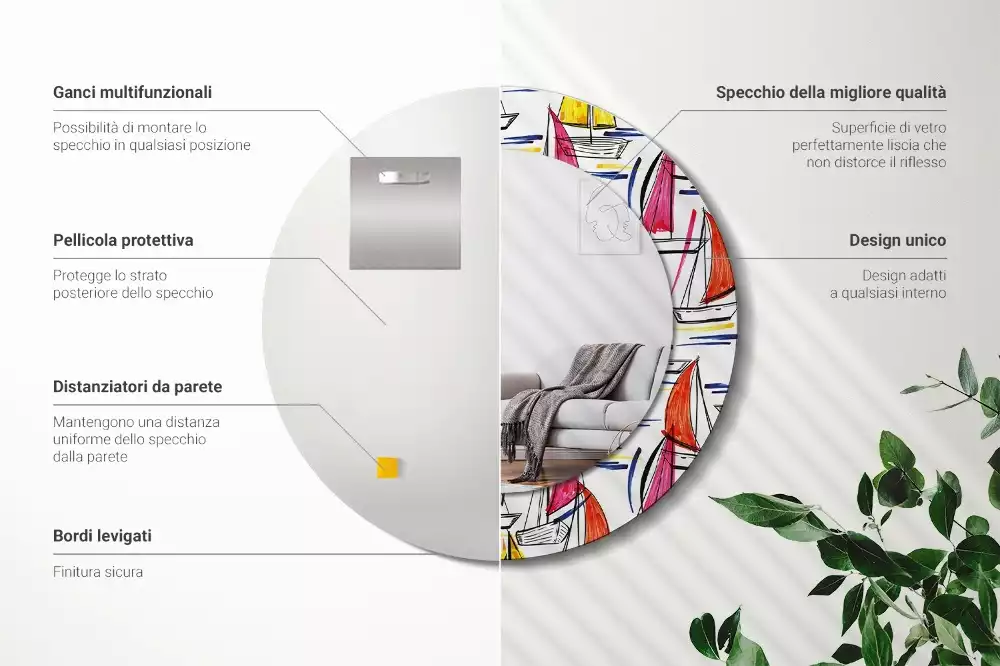 Lustro z ozdobną ramką z nadrukiem przedstawiającym kolorowe łódki