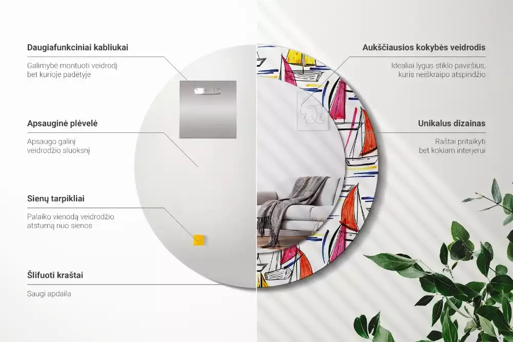 Lustro z ozdobną ramką z nadrukiem przedstawiającym kolorowe łódki