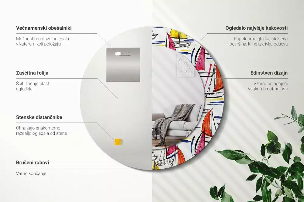 Lustro z ozdobną ramką z nadrukiem przedstawiającym kolorowe łódki