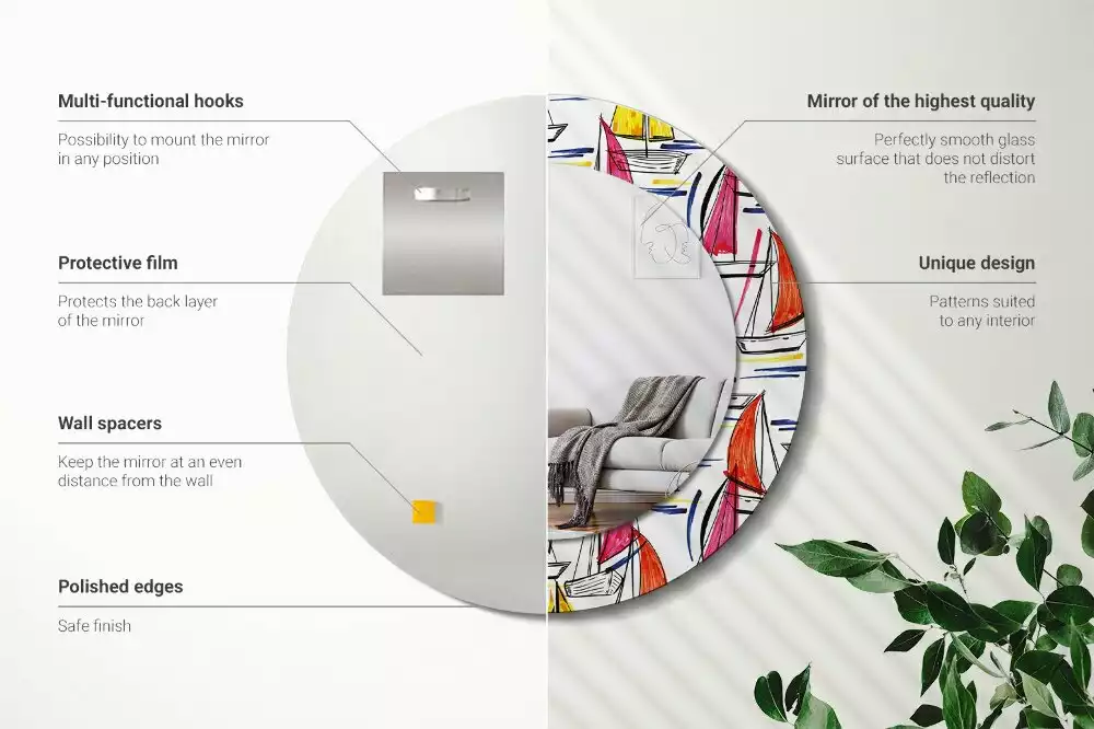 Lustro z ozdobną ramką z nadrukiem przedstawiającym kolorowe łódki