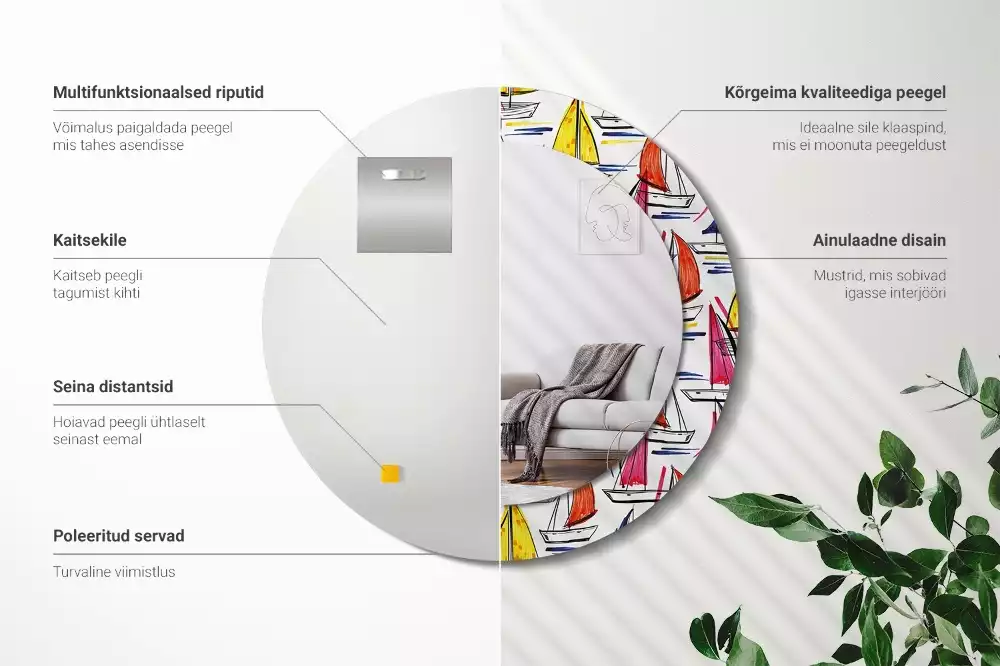Lustro z ozdobną ramką z nadrukiem przedstawiającym kolorowe łódki