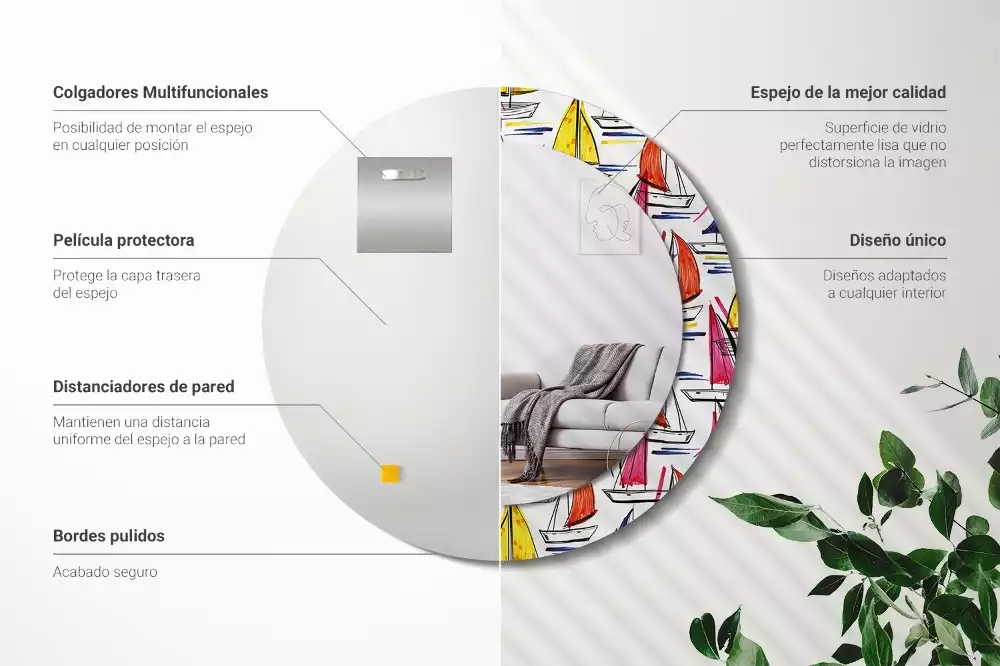 Lustro z ozdobną ramką z nadrukiem przedstawiającym kolorowe łódki