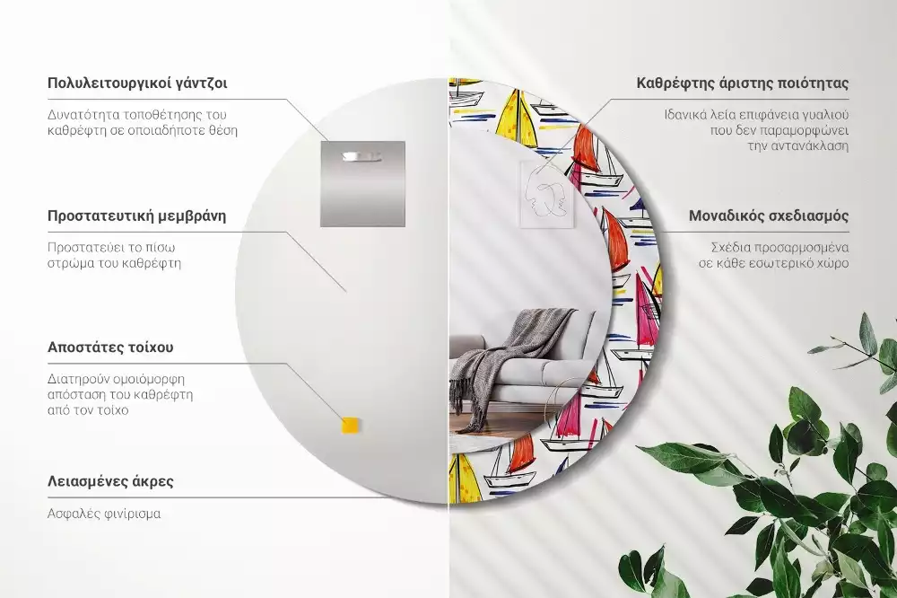 Lustro z ozdobną ramką z nadrukiem przedstawiającym kolorowe łódki