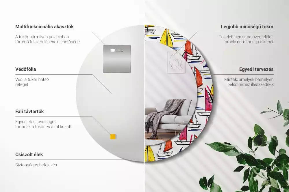 Lustro z ozdobną ramką z nadrukiem przedstawiającym kolorowe łódki