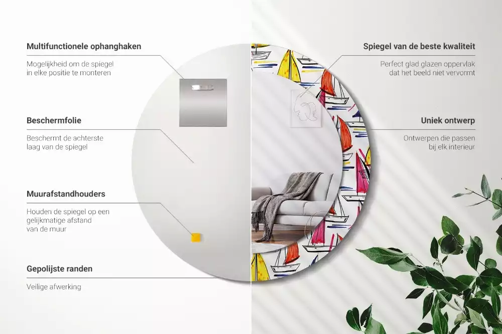 Lustro z ozdobną ramką z nadrukiem przedstawiającym kolorowe łódki