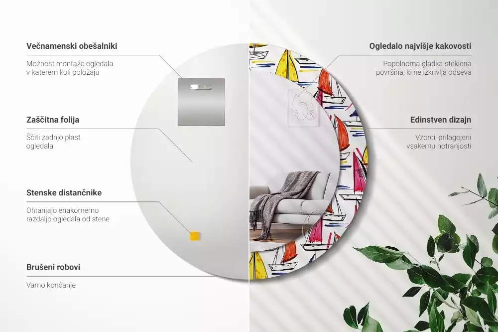 Lustro z ozdobną ramką z nadrukiem przedstawiającym kolorowe łódki