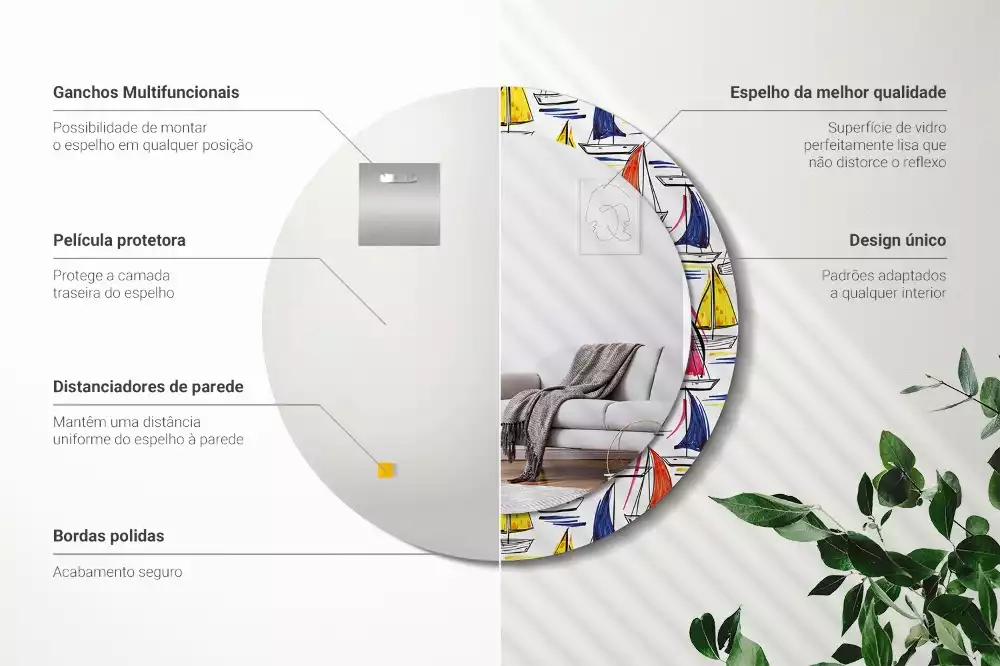 Lustro z ozdobną ramką z nadrukiem przedstawiającym kolorowe łódki