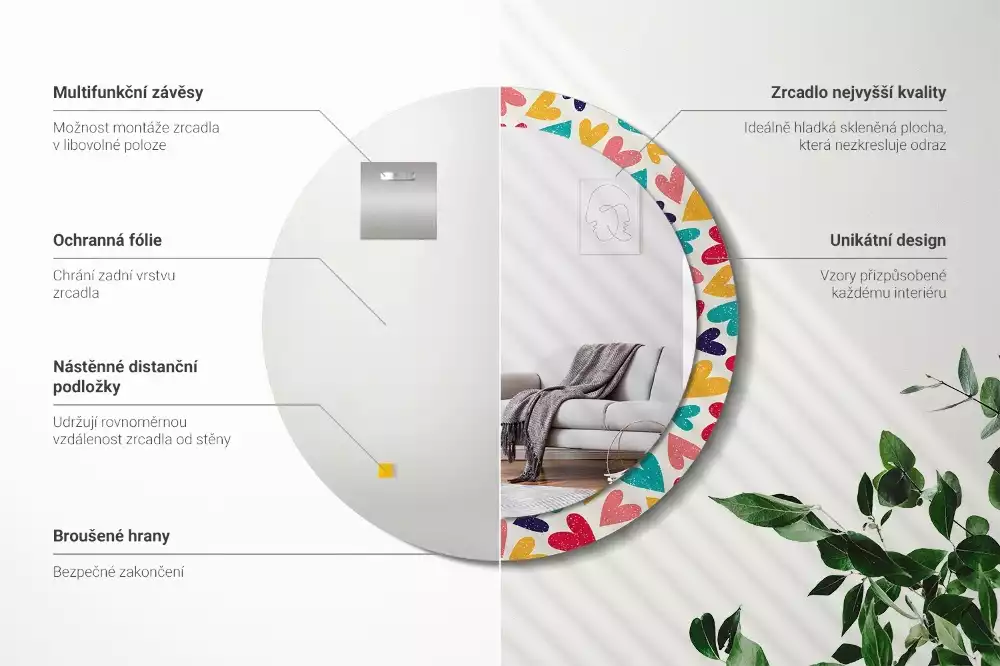 Lustro z drukowaną ramką okrągłe Kolorowe serca