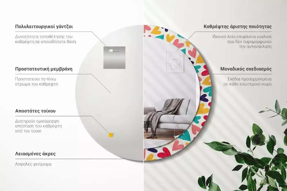 Lustro z drukowaną ramką okrągłe Kolorowe serca