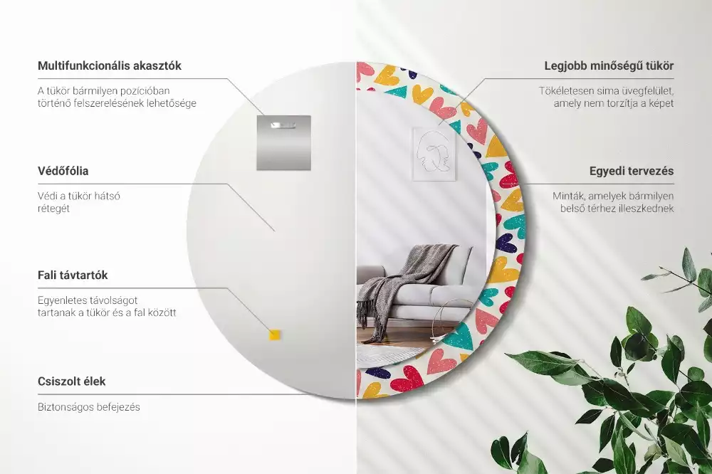 Lustro z drukowaną ramką okrągłe Kolorowe serca