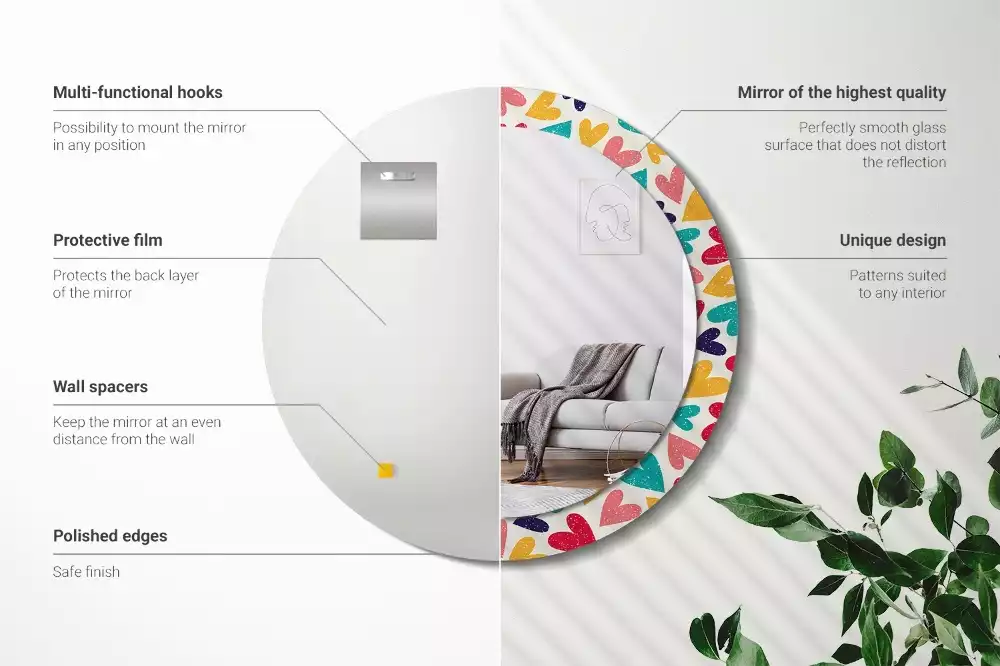 Lustro z drukowaną ramką okrągłe Kolorowe serca