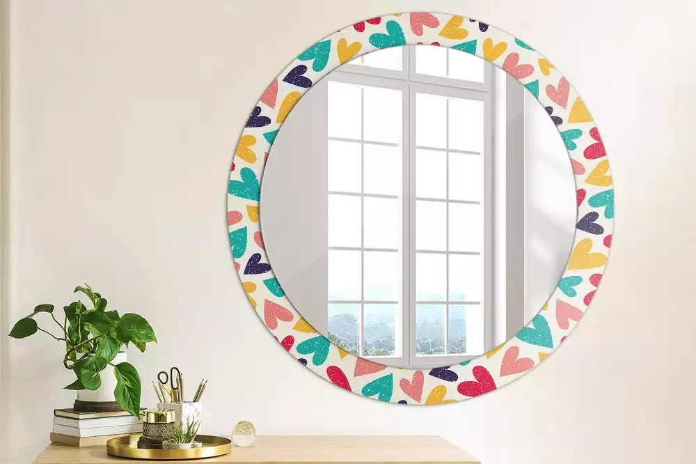 Lustro z drukowaną ramką okrągłe Kolorowe serca