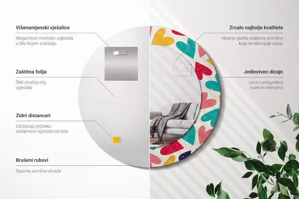 Lustro z drukowaną ramką okrągłe Kolorowe serca