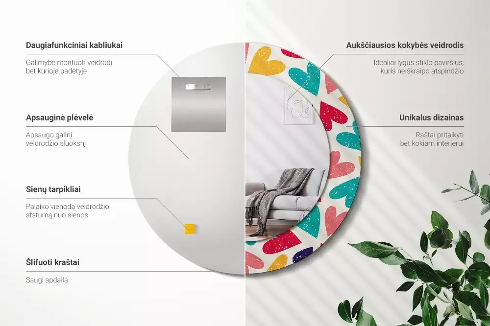 Lustro z drukowaną ramką okrągłe Kolorowe serca