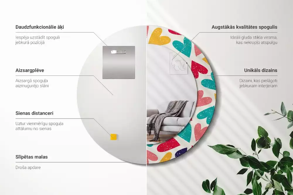 Lustro z drukowaną ramką okrągłe Kolorowe serca