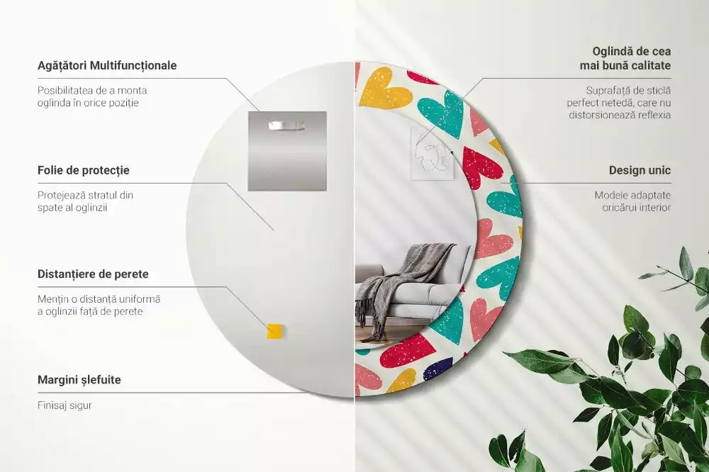 Lustro z drukowaną ramką okrągłe Kolorowe serca