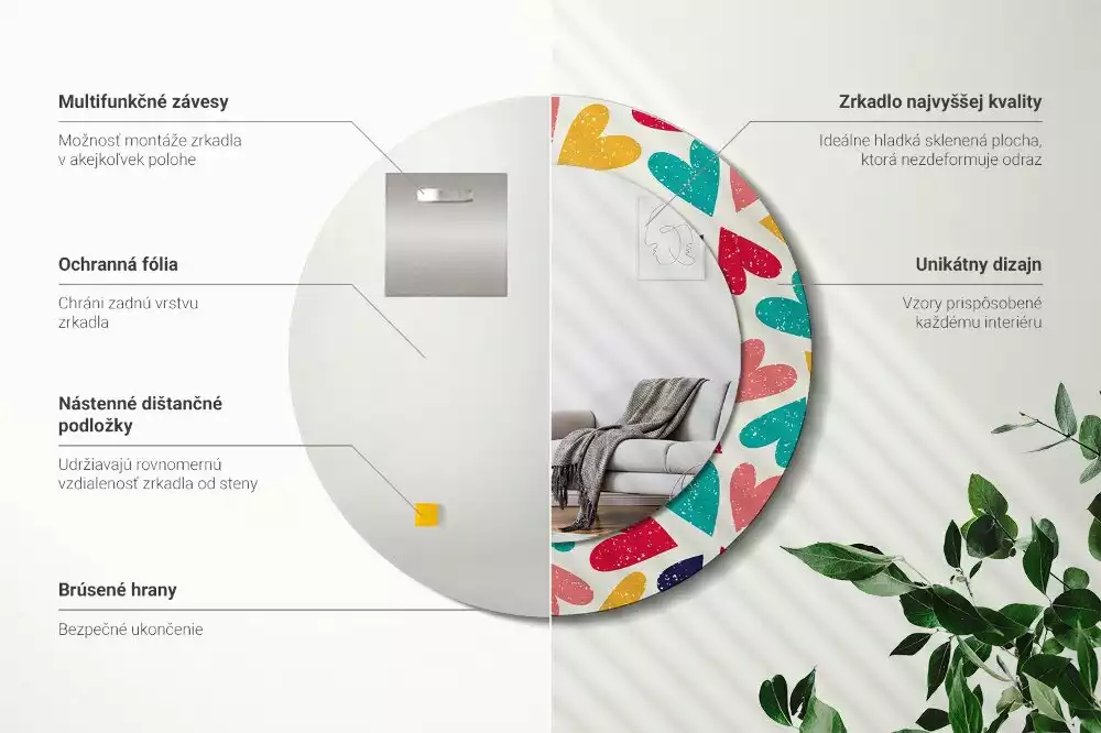 Lustro z drukowaną ramką okrągłe Kolorowe serca