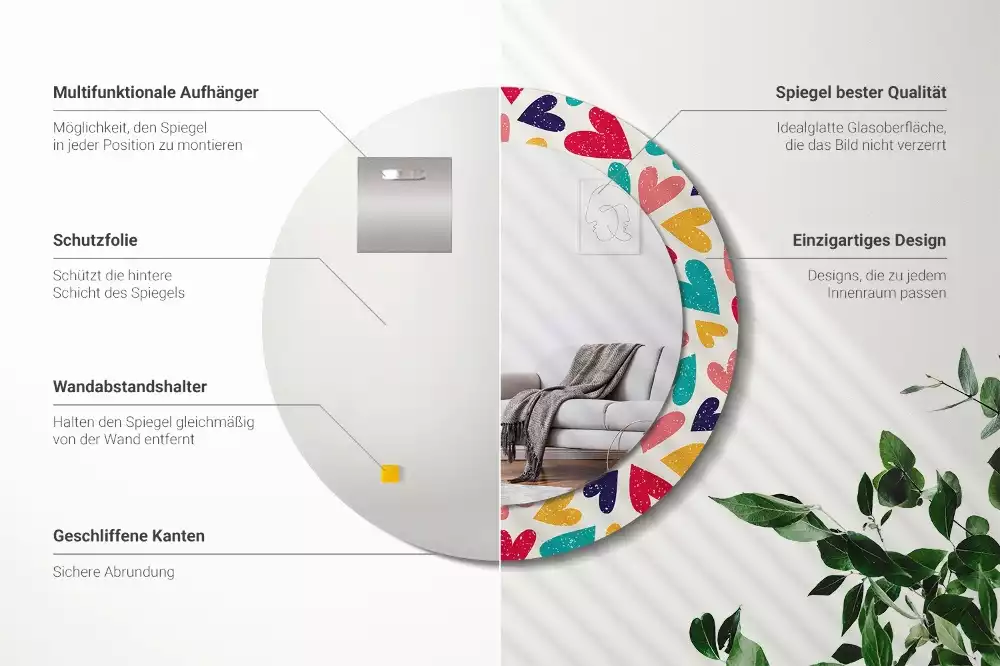 Lustro z drukowaną ramką okrągłe Kolorowe serca