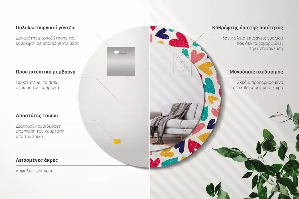 Lustro z drukowaną ramką okrągłe Kolorowe serca