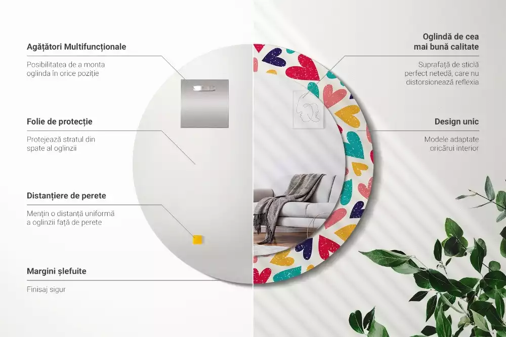 Lustro z drukowaną ramką okrągłe Kolorowe serca