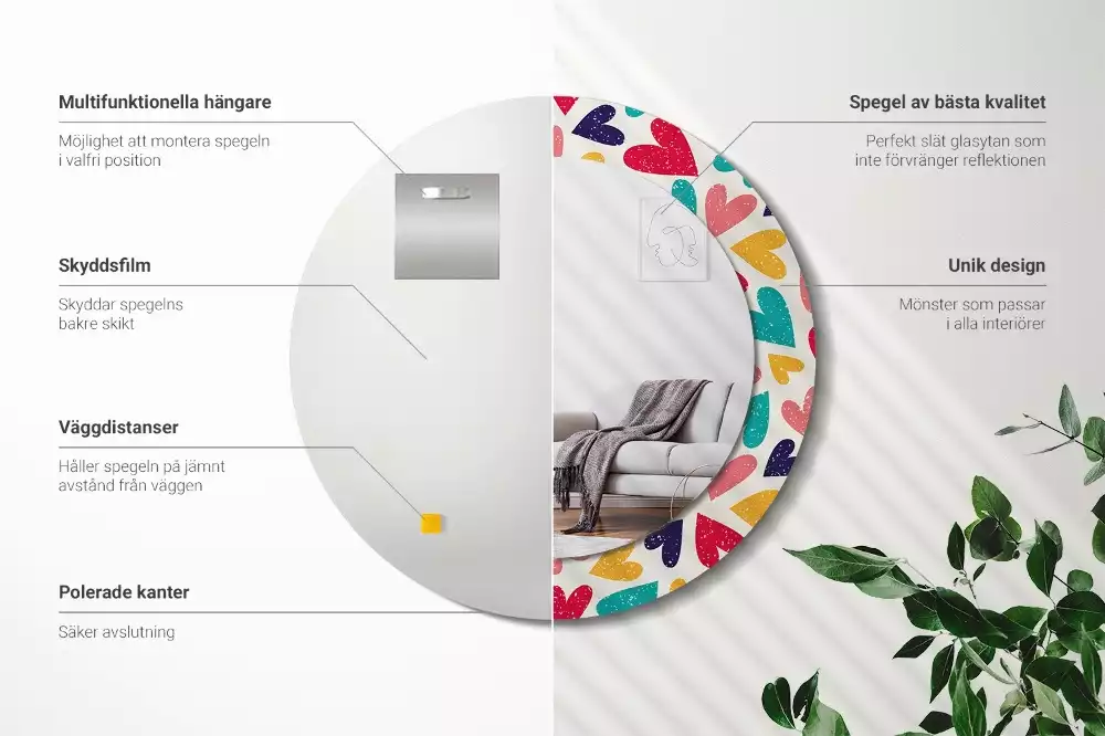 Lustro z drukowaną ramką okrągłe Kolorowe serca