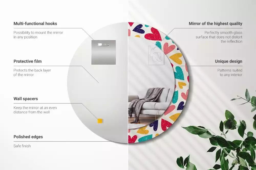 Lustro z drukowaną ramką okrągłe Kolorowe serca