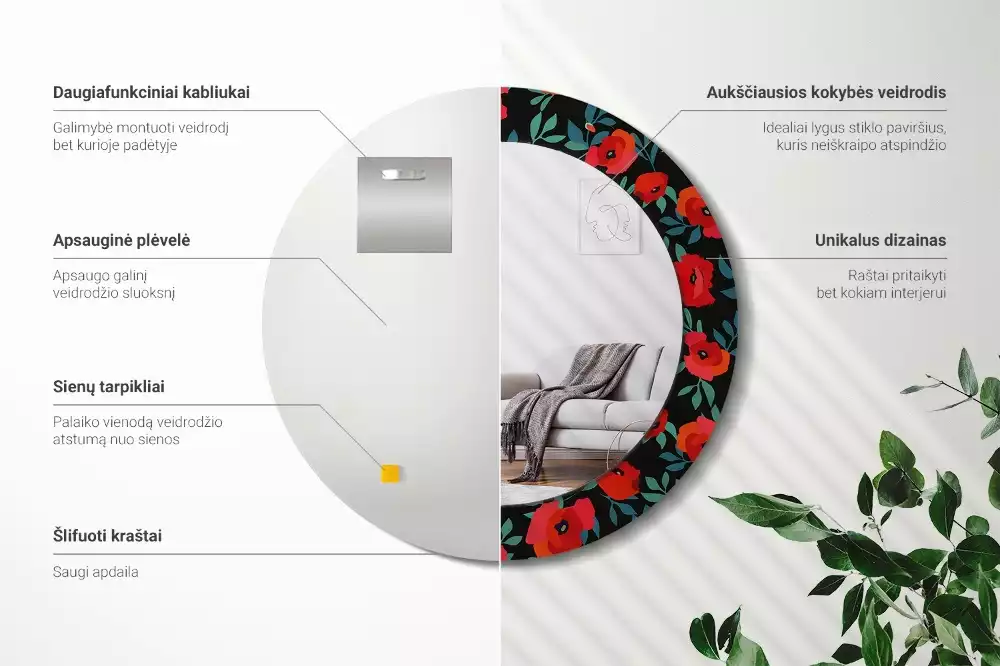 Lustro z ramą z nadrukiem w motywie czerwonego maku