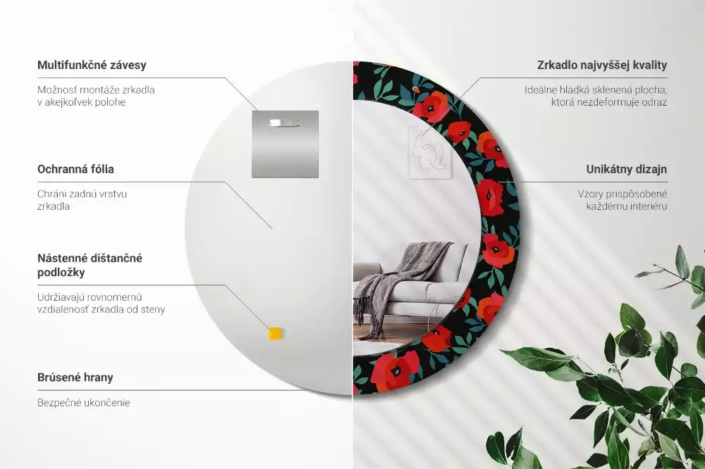 Lustro z ramą z nadrukiem w motywie czerwonego maku