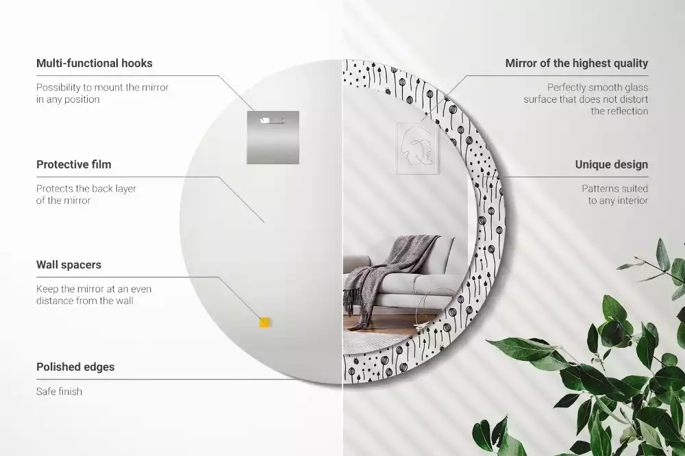 Lustro ścienne dekoracyjne w kształcie koła z motywem rysunku kwiatowego