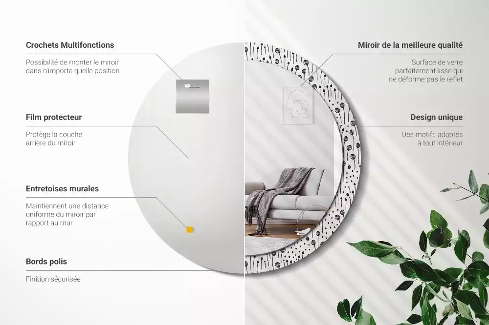 Lustro ścienne dekoracyjne w kształcie koła z motywem rysunku kwiatowego