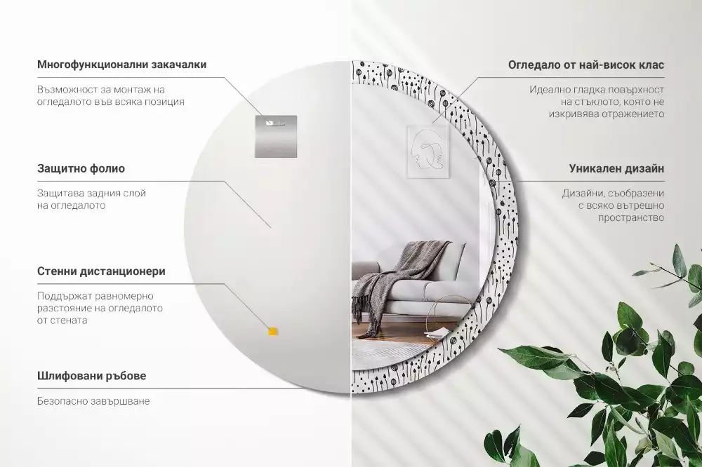 Lustro ścienne dekoracyjne w kształcie koła z motywem rysunku kwiatowego